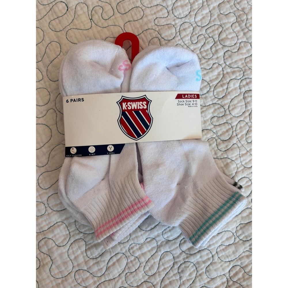 K-Swiss Ladies 6 Pairs White Ankle Socks K-NIT Y-Heel Size 9-11